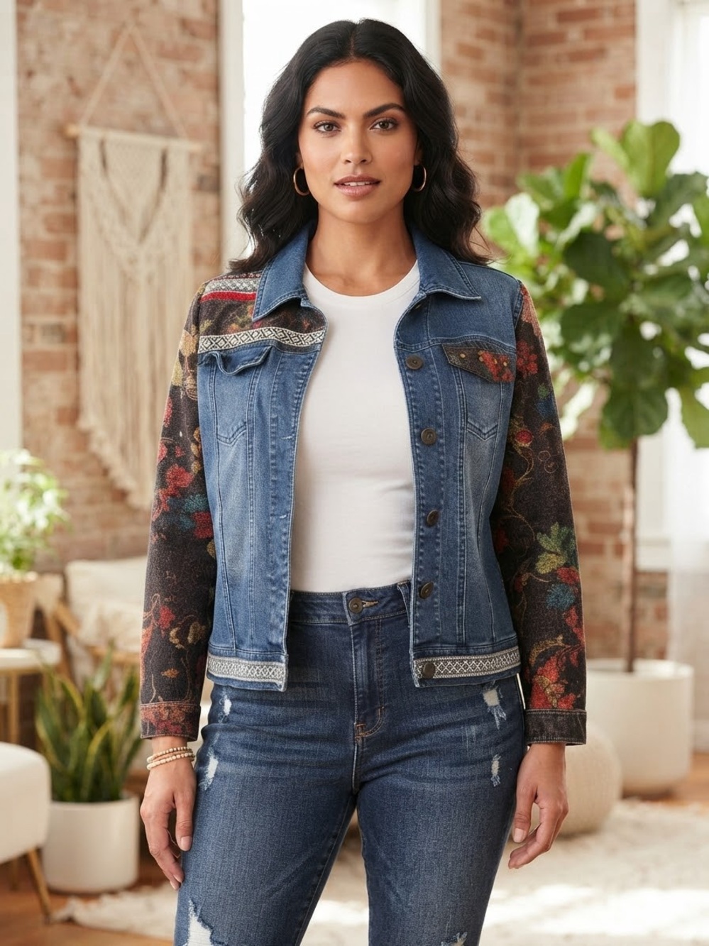 Vintage New Direction Boho Denim Jacket | Sweater Knit Floral Sleeves